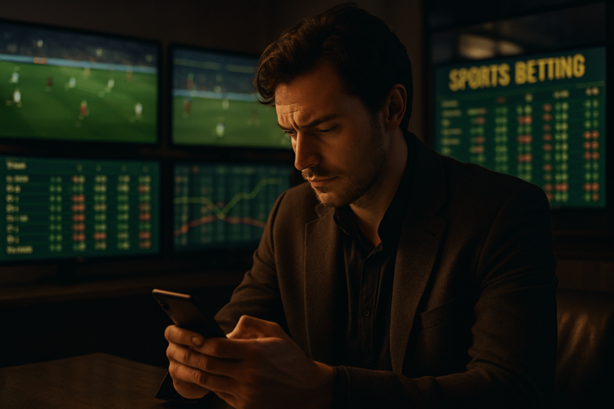 Focused sports bettor studying live football odds and trends