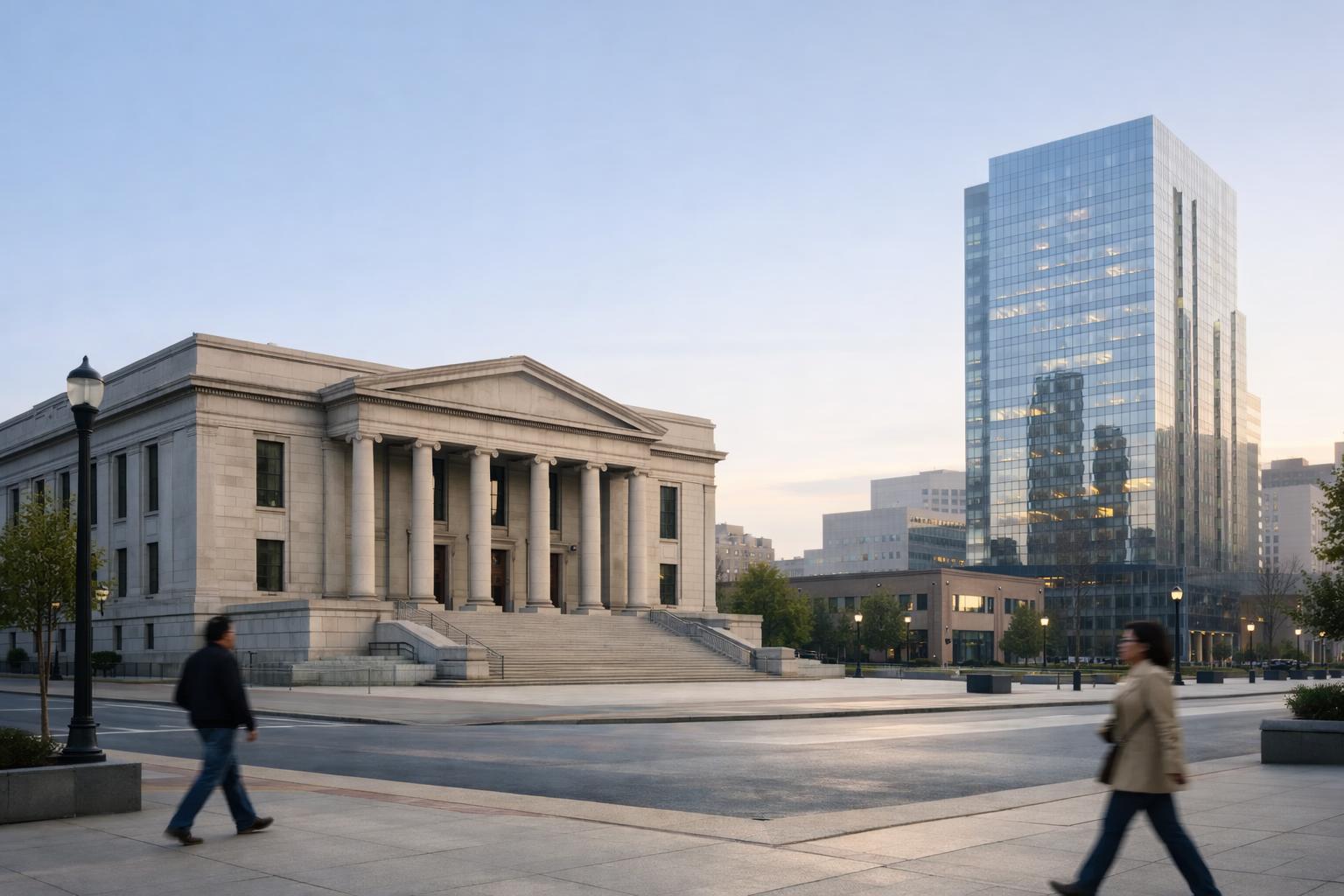 Editorial shot shows a US city street with a prominent government building.